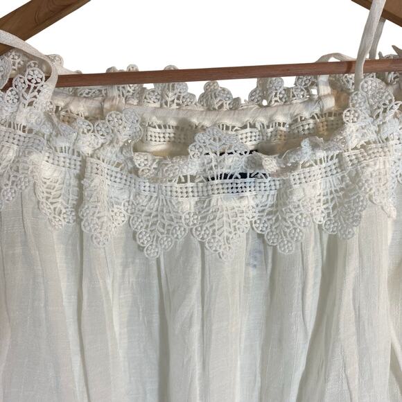 White Semi-Sheer Crochet Trim Blouse XL Bell Sleeve Fairycore Boho Western - Picture 3 of 8